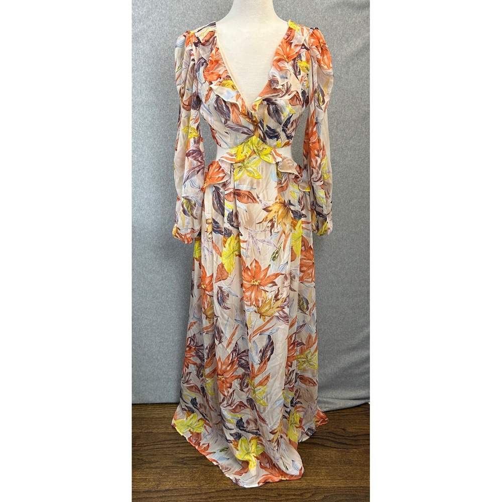 Bump Biddy Maxi Dress Orange Floral Cut Out Side Ruffle Maternity Size Large NWT
